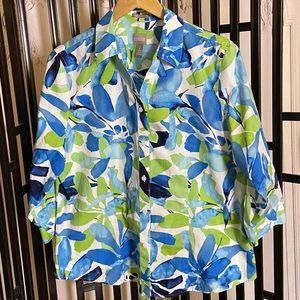 Chico's Size 2 Blue & Green Floral Print Cotton Button-Down Shirt
